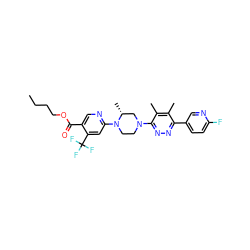 CCCCOC(=O)c1cnc(N2CCN(c3nnc(-c4ccc(F)nc4)c(C)c3C)C[C@H]2C)cc1C(F)(F)F ZINC000201150906