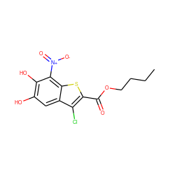 CCCCOC(=O)c1sc2c([N+](=O)[O-])c(O)c(O)cc2c1Cl ZINC000049114239