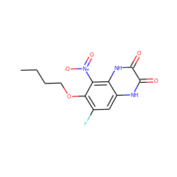 CCCCOc1c(F)cc2[nH]c(=O)c(=O)[nH]c2c1[N+](=O)[O-] ZINC000013761208