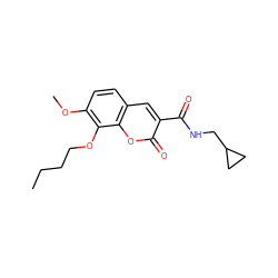 CCCCOc1c(OC)ccc2cc(C(=O)NCC3CC3)c(=O)oc12 ZINC000299871181