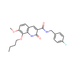 CCCCOc1c(OC)ccc2cc(C(=O)NCc3ccc(F)cc3)c(=O)[nH]c12 ZINC000072142903