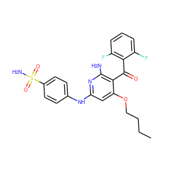 CCCCOc1cc(Nc2ccc(S(N)(=O)=O)cc2)nc(N)c1C(=O)c1c(F)cccc1F ZINC000014945665