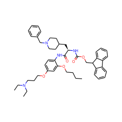 CCCCOc1cc(OCCCN(CC)CC)ccc1NC(=O)[C@@H](CC1CCN(Cc2ccccc2)CC1)NC(=O)OCC1c2ccccc2-c2ccccc21 ZINC000195908893