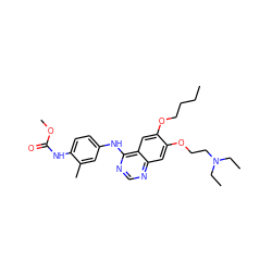 CCCCOc1cc2c(Nc3ccc(NC(=O)OC)c(C)c3)ncnc2cc1OCCN(CC)CC ZINC000084632566