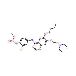 CCCCOc1cc2c(Nc3ccc(NC(=O)OC)c(Cl)c3)ncnc2cc1OCCN(CC)CC ZINC000084596551