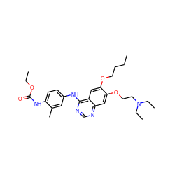 CCCCOc1cc2c(Nc3ccc(NC(=O)OCC)c(C)c3)ncnc2cc1OCCN(CC)CC ZINC000084632568