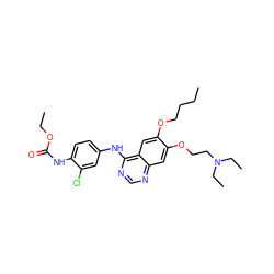 CCCCOc1cc2c(Nc3ccc(NC(=O)OCC)c(Cl)c3)ncnc2cc1OCCN(CC)CC ZINC000084634626