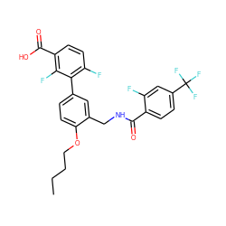 CCCCOc1ccc(-c2c(F)ccc(C(=O)O)c2F)cc1CNC(=O)c1ccc(C(F)(F)F)cc1F ZINC000064245795