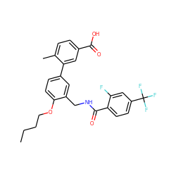 CCCCOc1ccc(-c2cc(C(=O)O)ccc2C)cc1CNC(=O)c1ccc(C(F)(F)F)cc1F ZINC000049055310