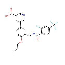 CCCCOc1ccc(-c2cncc(C(=O)O)c2)cc1CNC(=O)c1ccc(C(F)(F)F)cc1F ZINC000064251890