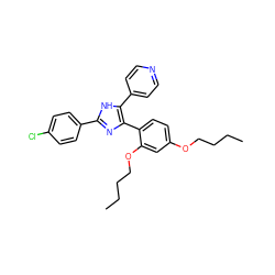 CCCCOc1ccc(-c2nc(-c3ccc(Cl)cc3)[nH]c2-c2ccncc2)c(OCCCC)c1 ZINC000001550214