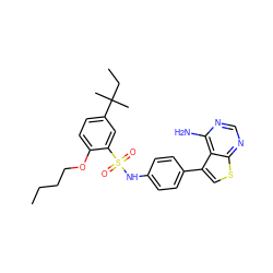 CCCCOc1ccc(C(C)(C)CC)cc1S(=O)(=O)Nc1ccc(-c2csc3ncnc(N)c23)cc1 ZINC000063539601