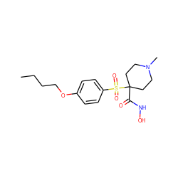 CCCCOc1ccc(S(=O)(=O)C2(C(=O)NO)CCN(C)CC2)cc1 ZINC000013521064