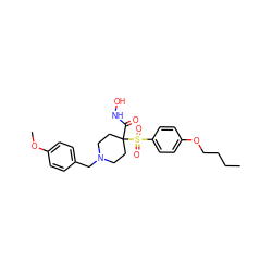 CCCCOc1ccc(S(=O)(=O)C2(C(=O)NO)CCN(Cc3ccc(OC)cc3)CC2)cc1 ZINC000013521044