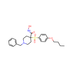 CCCCOc1ccc(S(=O)(=O)C2(C(=O)NO)CCN(Cc3ccccc3)CC2)cc1 ZINC000013521017