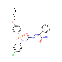 CCCCOc1ccc(S(=O)(=O)N(CC(=O)N/N=C2\C(=O)Nc3ccccc32)c2ccc(Cl)cc2)cc1 ZINC000028529797