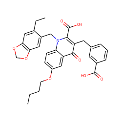 CCCCOc1ccc2c(c1)c(=O)c(Cc1cccc(C(=O)O)c1)c(C(=O)O)n2Cc1cc2c(cc1CC)OCO2 ZINC000064512459