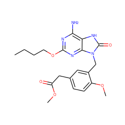 CCCCOc1nc(N)c2[nH]c(=O)n(Cc3cc(CC(=O)OC)ccc3OC)c2n1 ZINC000013984044