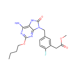 CCCCOc1nc(N)c2[nH]c(=O)n(Cc3ccc(F)c(CC(=O)OC)c3)c2n1 ZINC000013984046