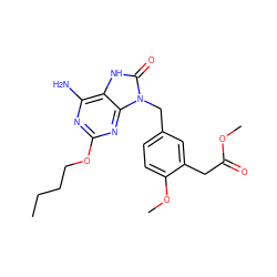 CCCCOc1nc(N)c2[nH]c(=O)n(Cc3ccc(OC)c(CC(=O)OC)c3)c2n1 ZINC000013984032