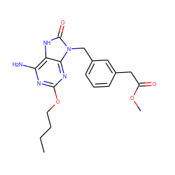 CCCCOc1nc(N)c2[nH]c(=O)n(Cc3cccc(CC(=O)OC)c3)c2n1 ZINC000049055739