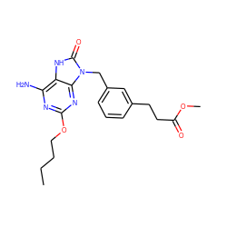 CCCCOc1nc(N)c2[nH]c(=O)n(Cc3cccc(CCC(=O)OC)c3)c2n1 ZINC000049068551