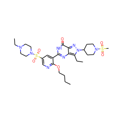 CCCCOc1ncc(S(=O)(=O)N2CCN(CC)CC2)cc1-c1nc2c(CC)n(C3CCN(S(C)(=O)=O)CC3)nc2c(=O)[nH]1 ZINC000082149204