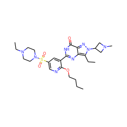 CCCCOc1ncc(S(=O)(=O)N2CCN(CC)CC2)cc1-c1nc2c(CC)n(C3CN(C)C3)nc2c(=O)[nH]1 ZINC000042799573