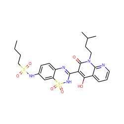 CCCCS(=O)(=O)Nc1ccc2c(c1)S(=O)(=O)NC(c1c(O)c3cccnc3n(CCC(C)C)c1=O)=N2 ZINC000101054044