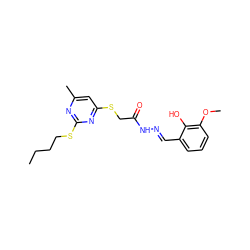 CCCCSc1nc(C)cc(SCC(=O)N/N=C/c2cccc(OC)c2O)n1 ZINC000003130353