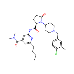 CCCCc1cc(C(=O)N(C)C)cc(NC(=O)[C@H]2CCC(=O)N2C2CCN(Cc3ccc(Cl)c(C)c3)CC2)n1 ZINC000143137199