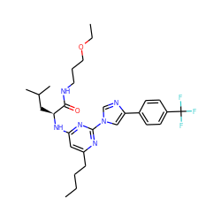 CCCCc1cc(N[C@@H](CC(C)C)C(=O)NCCCOCC)nc(-n2cnc(-c3ccc(C(F)(F)F)cc3)c2)n1 ZINC000036143727