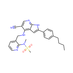 CCCCc1ccc(-c2cc3c(NCc4cccnc4N(C)S(C)(=O)=O)c(C#N)cnc3[nH]2)cc1 ZINC000095593445