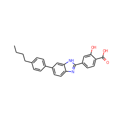 CCCCc1ccc(-c2ccc3nc(-c4ccc(C(=O)O)c(O)c4)[nH]c3c2)cc1 ZINC000034963336