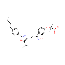 CCCCc1ccc(-c2nc(CCc3noc4cc(OC(C)(C)C(=O)O)ccc34)c(C(C)C)o2)cc1 ZINC000071334180