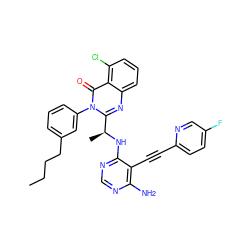 CCCCc1cccc(-n2c([C@H](C)Nc3ncnc(N)c3C#Cc3ccc(F)cn3)nc3cccc(Cl)c3c2=O)c1 ZINC000219098058