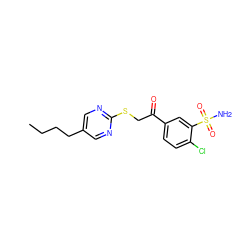 CCCCc1cnc(SCC(=O)c2ccc(Cl)c(S(N)(=O)=O)c2)nc1 ZINC000084632729