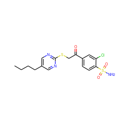 CCCCc1cnc(SCC(=O)c2ccc(S(N)(=O)=O)c(Cl)c2)nc1 ZINC000096940229