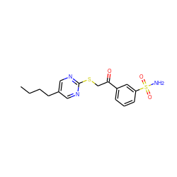 CCCCc1cnc(SCC(=O)c2cccc(S(N)(=O)=O)c2)nc1 ZINC000096940230