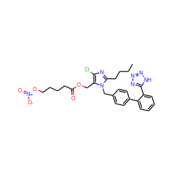 CCCCc1nc(Cl)c(COC(=O)CCCCO[N+](=O)[O-])n1Cc1ccc(-c2ccccc2-c2nnn[nH]2)cc1 ZINC000028461352