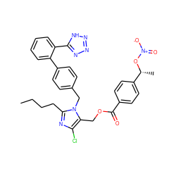 CCCCc1nc(Cl)c(COC(=O)c2ccc([C@@H](C)O[N+](=O)[O-])cc2)n1Cc1ccc(-c2ccccc2-c2nnn[nH]2)cc1 ZINC000028571689