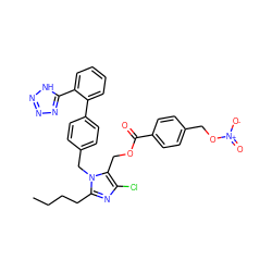 CCCCc1nc(Cl)c(COC(=O)c2ccc(CO[N+](=O)[O-])cc2)n1Cc1ccc(-c2ccccc2-c2nnn[nH]2)cc1 ZINC000043511573