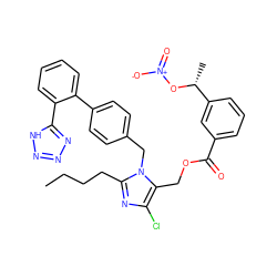 CCCCc1nc(Cl)c(COC(=O)c2cccc([C@@H](C)O[N+](=O)[O-])c2)n1Cc1ccc(-c2ccccc2-c2nnn[nH]2)cc1 ZINC000043523592