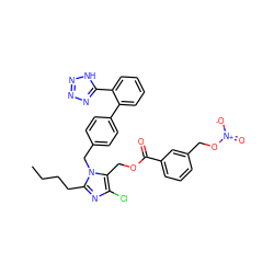 CCCCc1nc(Cl)c(COC(=O)c2cccc(CO[N+](=O)[O-])c2)n1Cc1ccc(-c2ccccc2-c2nnn[nH]2)cc1 ZINC000028455368