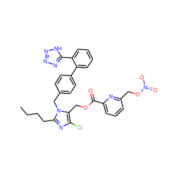 CCCCc1nc(Cl)c(COC(=O)c2cccc(CO[N+](=O)[O-])n2)n1Cc1ccc(-c2ccccc2-c2nnn[nH]2)cc1 ZINC000044281741