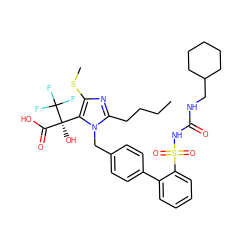 CCCCc1nc(SC)c([C@@](O)(C(=O)O)C(F)(F)F)n1Cc1ccc(-c2ccccc2S(=O)(=O)NC(=O)NCC2CCCCC2)cc1 ZINC000026577481