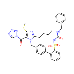 CCCCc1nc(SC)c(C(=O)n2cnnn2)n1Cc1ccc(-c2ccccc2S(=O)(=O)NC(=O)NCc2ccccc2)cc1 ZINC000026578398