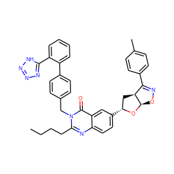 CCCCc1nc2ccc([C@@H]3C[C@H]4C(c5ccc(C)cc5)=NO[C@H]4O3)cc2c(=O)n1Cc1ccc(-c2ccccc2-c2nnn[nH]2)cc1 ZINC000003843000