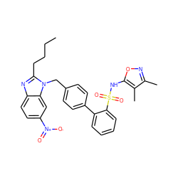 CCCCc1nc2ccc([N+](=O)[O-])cc2n1Cc1ccc(-c2ccccc2S(=O)(=O)Nc2onc(C)c2C)cc1 ZINC000084690503