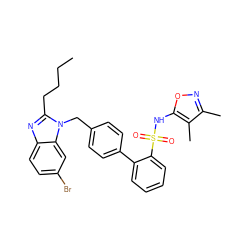 CCCCc1nc2ccc(Br)cc2n1Cc1ccc(-c2ccccc2S(=O)(=O)Nc2onc(C)c2C)cc1 ZINC000084690206